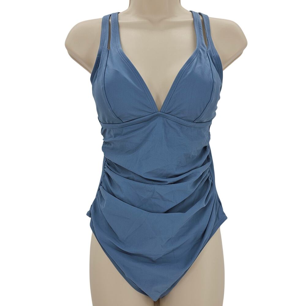 Cupshe Womans size M Deep V-Neck Tie Back One Piece Swimsuit Stone Blue NEW